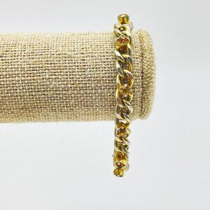 Gold Tone Chain Bracelet Cognac Rhinestone Accents Vintage Style